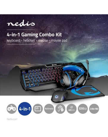 Nedis GCK41100BKUS Gaming Combo Kit 4 In 1 Toetsenbord, Koptelefoon, Muis, Muismat